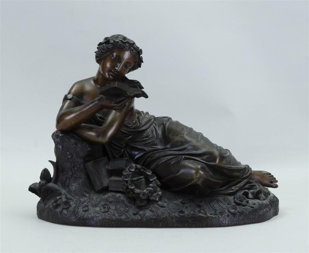 Eugène Antoine Aizelin comparable auction result: eug ne antoine aizelin 1821 1902 a patinated mordor e bronze statue of a girl reading mignon 19th century 22 x 29 x 13 cm