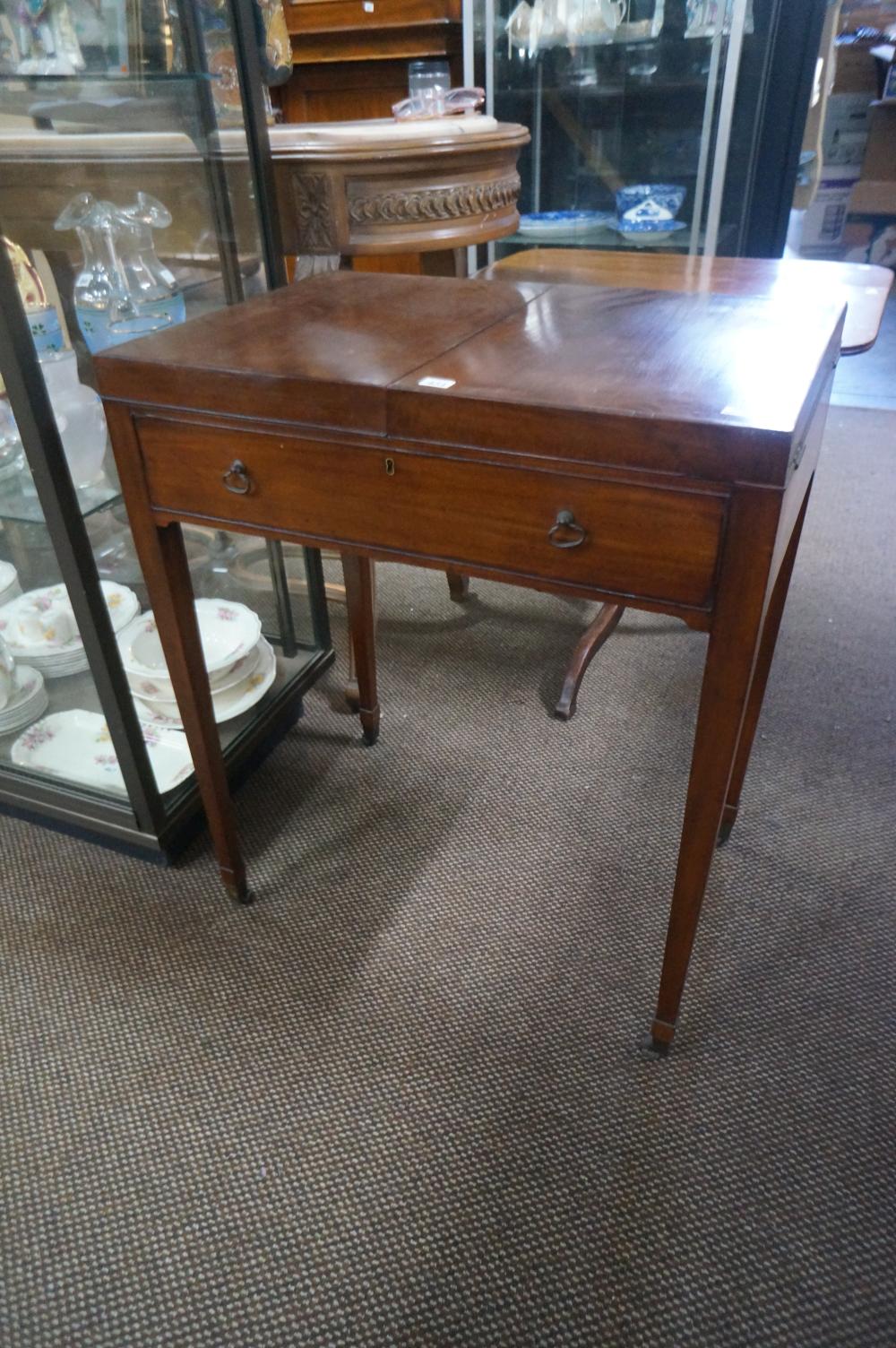 Georgian mahogany fold out dressing table fitted with raised mirror & lidded compartments c1780 sold by Woodlands Auctions, lot 451 — auction record photograph