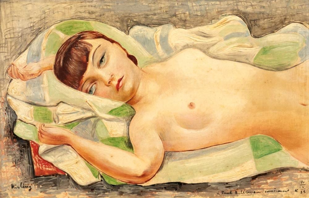 Moïse Kisling_Jeune fille allongée, buste dénudé comparable sale