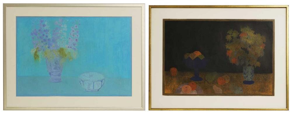bernard myers british 1925 2007 blue glass compotier and delphiniums blue and white · Sworders · 2026-03-10 Bernard Myers comparable auction result: bernard myers british 1925 2007 blue glass compotier and delphiniums blue and white