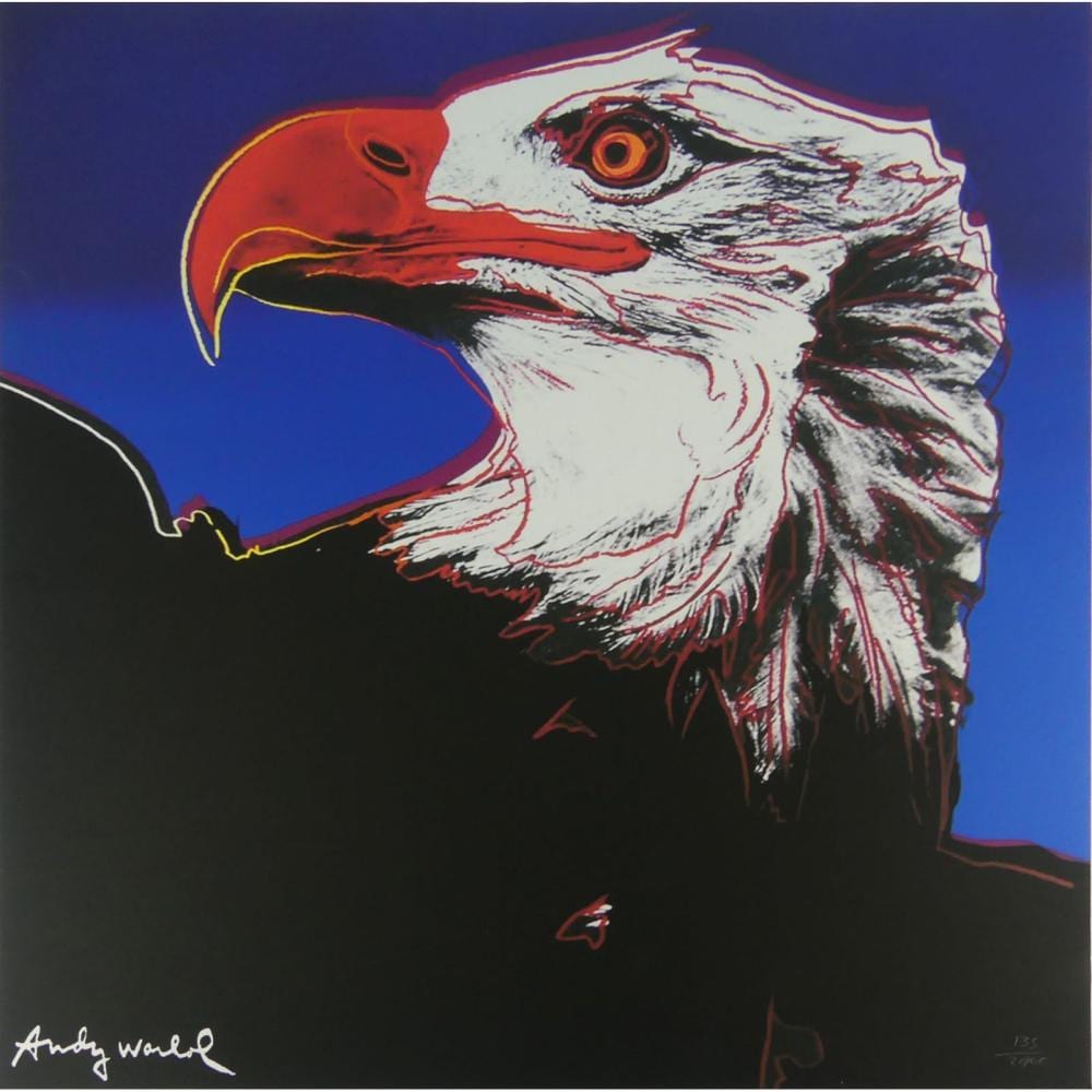 Colorful pop-art style eagle head graphic with orange beak, white feathers, and black shading on a blue background.