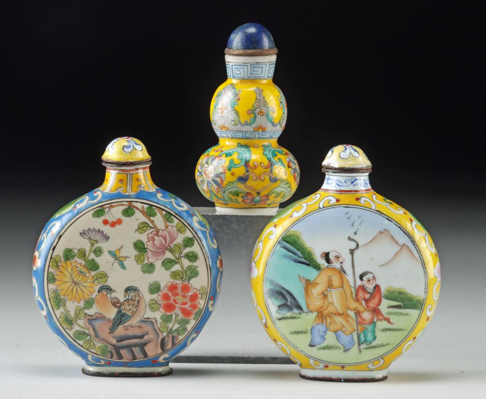 Three Chinese Snuff Jars - Enameled Copper & Porcelain sold by Artemis Fine Arts, lot 226 — auction record photograph