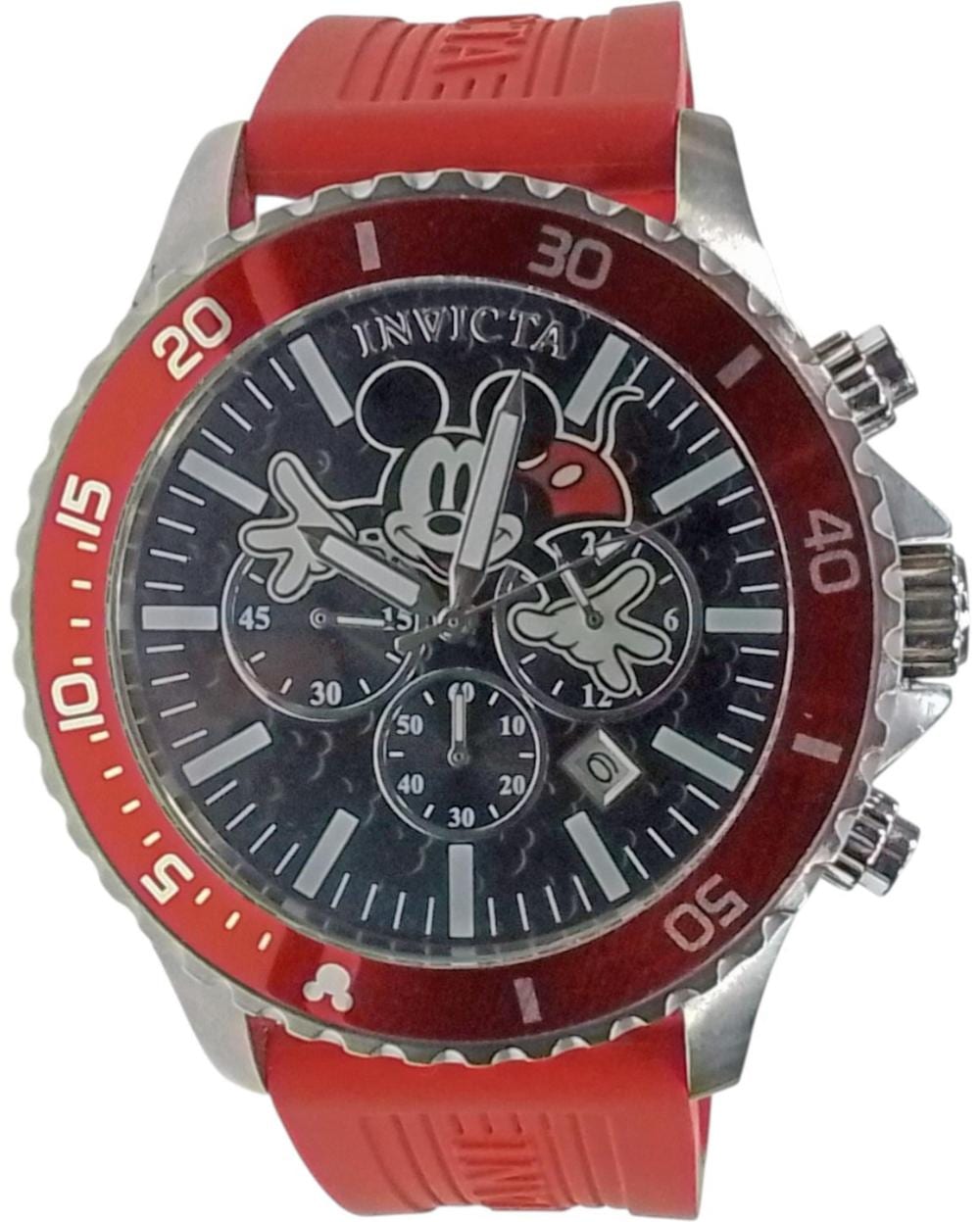 Red and silver wristwatch with a dark dial featuring Mickey Mouse in front of clock hands and subdials; red strap and bezel with numbers.