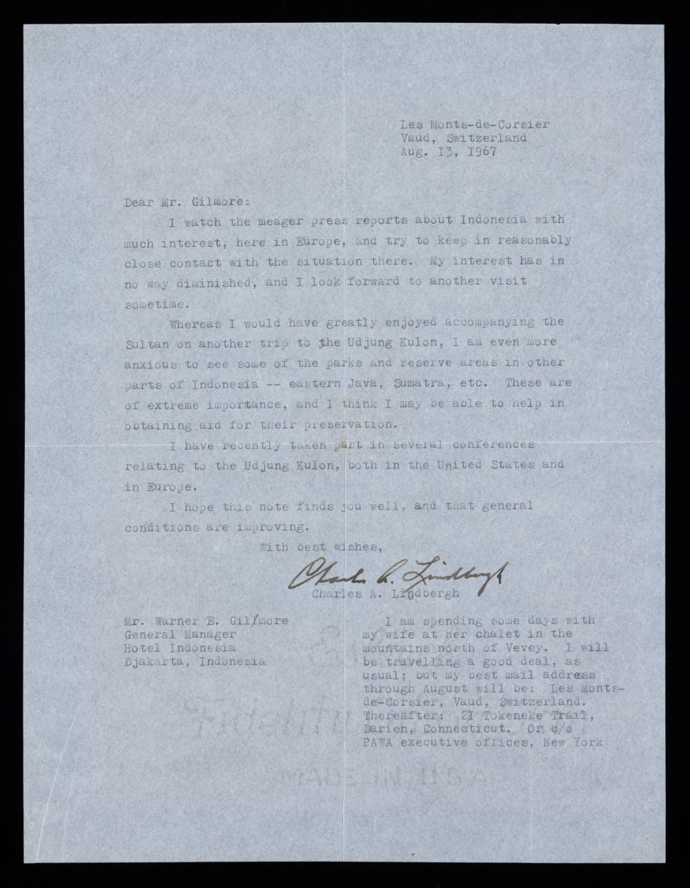 Alice Beach Winter comparable auction result: charles a lindbergh typed letter signed regarding indonesia and accompanying the sultan to udjung kulon for conservati
