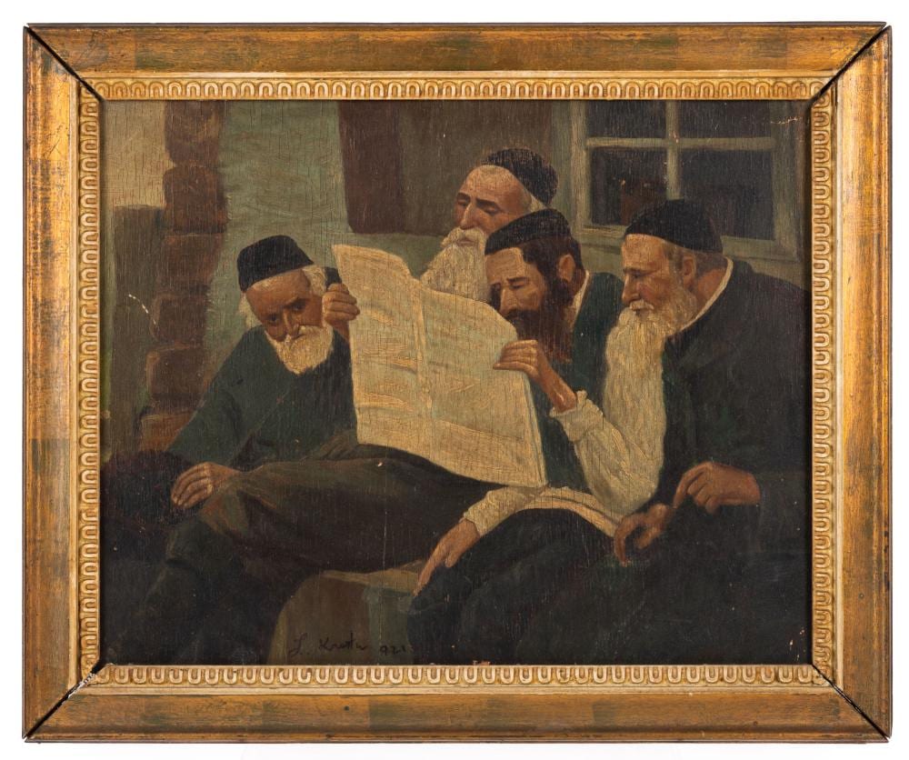 Lazar Krestin comparable auction result: lazar krestin attributed group of rabbis studying oil on canvas signed and dated 1921