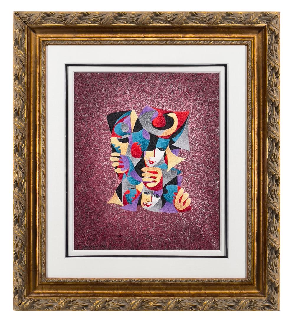 Framed abstract portrait collage on maroon textured background with colorful faces and hands, surrounded by a gold ornate frame.