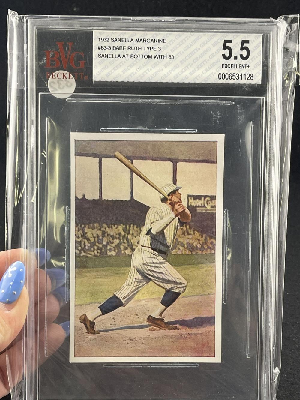 1932 Sanella Margarine Babe Ruth Type 3 5.5 Baseball Card sold by Mike Nichols Auctions, lot 332 — auction record photograph