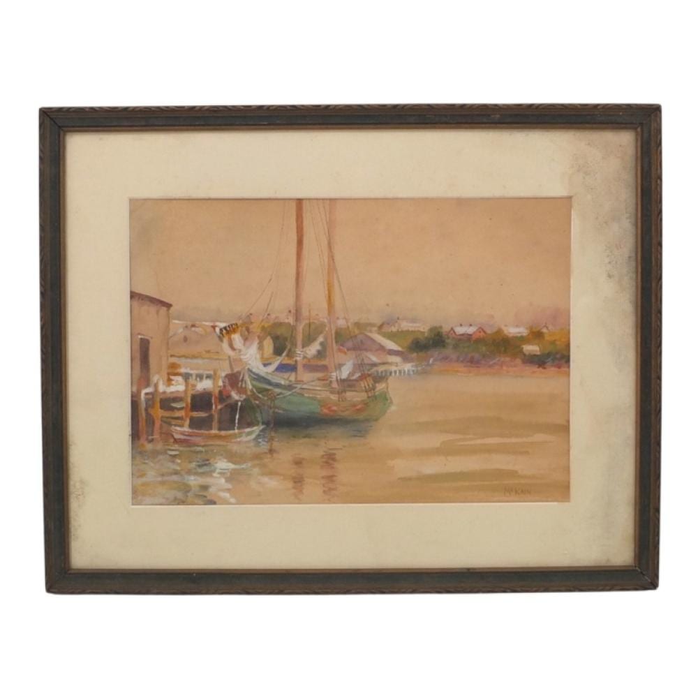 Bruce McKain comparable auction result: bruce mckain watercolor paper harbor scene