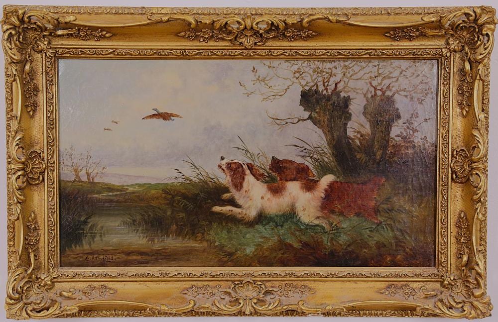 Edward Armfield comparable auction result: edward armfield 1817 1896 english terriers frolicking by a lake oil on canvas signed lower right h 25cm w 41cm