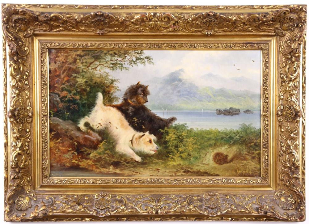 Edward Armfield comparable auction result: edward armfield 1817 1896 english terriers frolicking by a lake oil on canvas signed lower right h 25cm w 44cm
