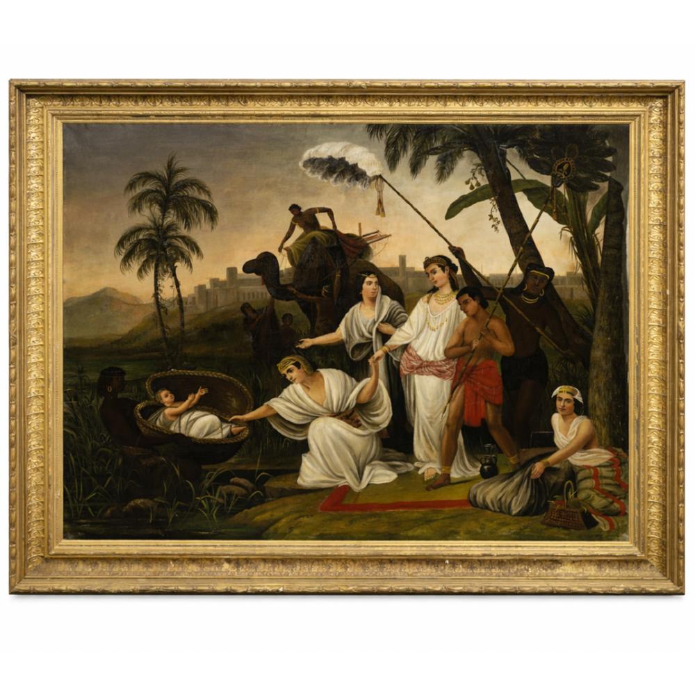After Henri Frederic Schopin Biblical Scene "The Finding of Moses" Biblical Oil on Canvas Painting sold by Akiba Galleries, lot 92 — auction record photograph