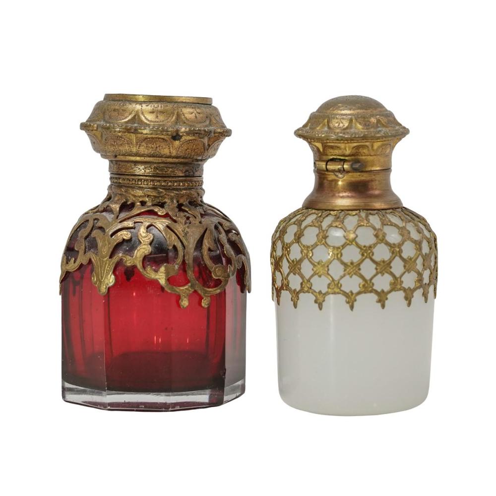 (2 pc) Italian Grand Tour Opaline Glass Perfume Bottles sold by Akiba Galleries, lot 381 — auction record photograph