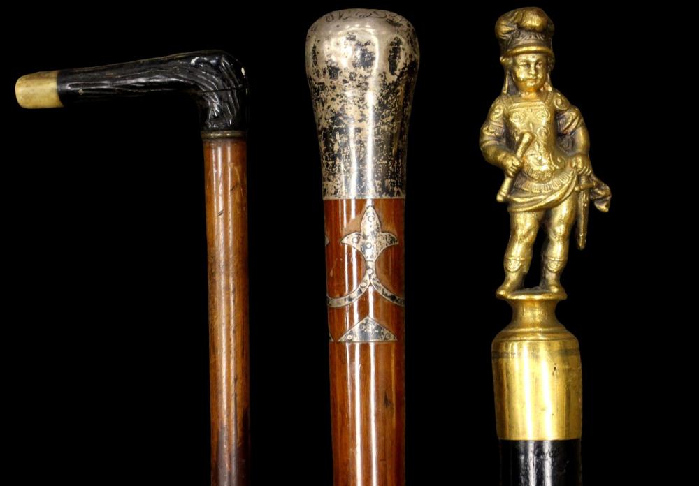 Lot of 3 Various Antique Carved Walking Canes Sticks sold by Sofe Design Auctions, lot 9513 — auction record photograph