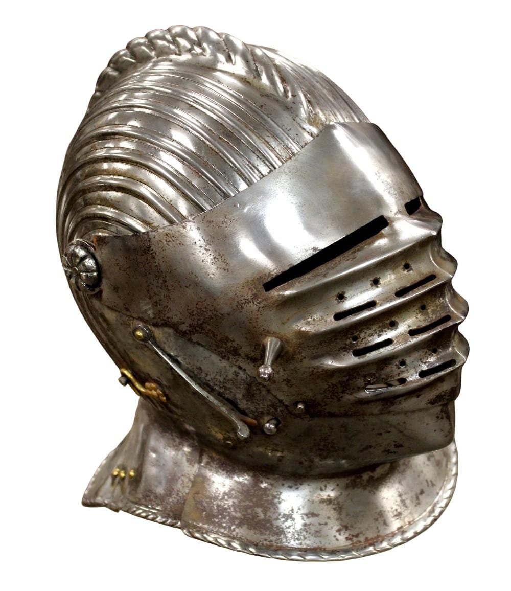 Metal closed helmet with a domed skull and horizontal ridges, front visor opening and cheek guards with rivets and cutouts.