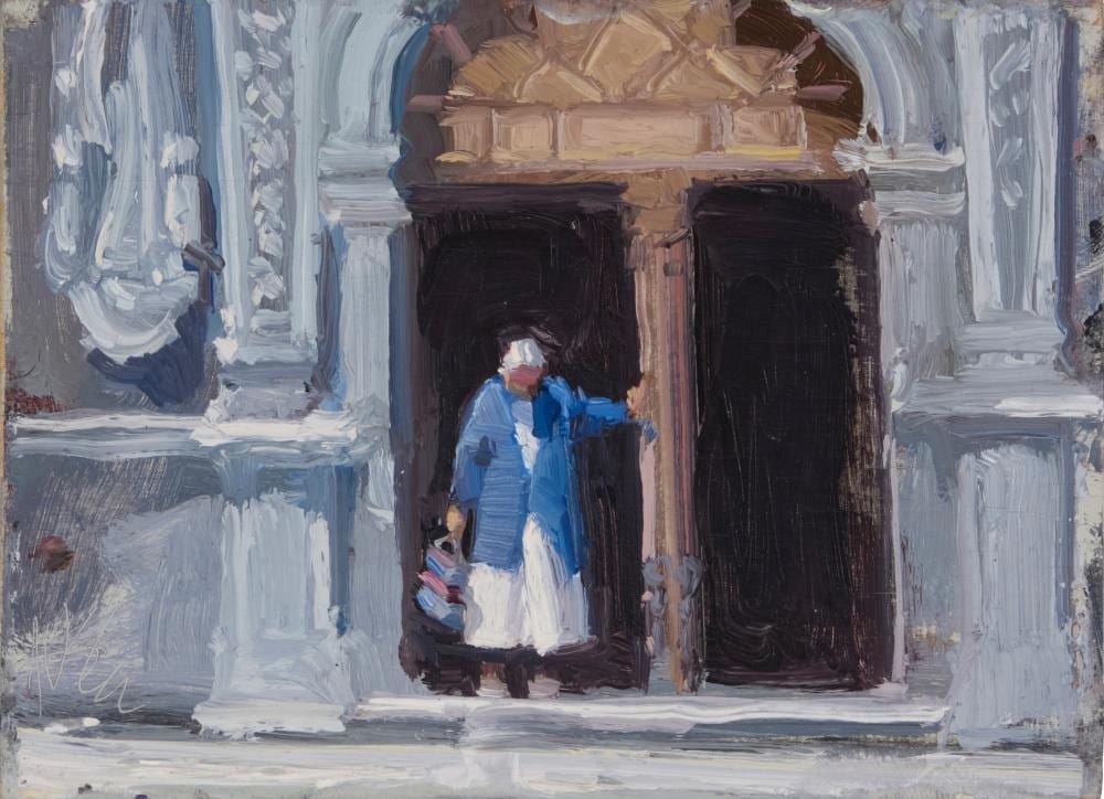ken auster 1949 2016 woman leaving a european church · John Moran Auctioneers · 2026-03-10 Ken Auster comparable auction result: ken auster 1949 2016 woman leaving a european church