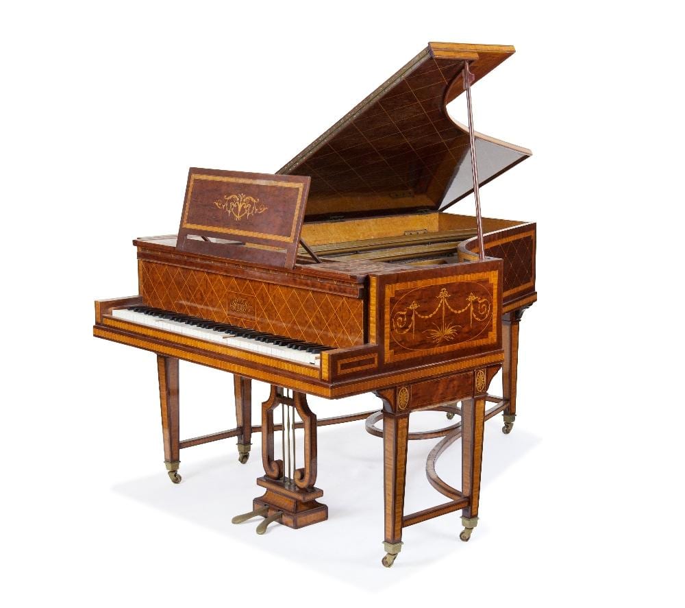 Alfred Drury comparable auction result: a french satinwood crossbanded marquetry and mahogany baby grand piano by e