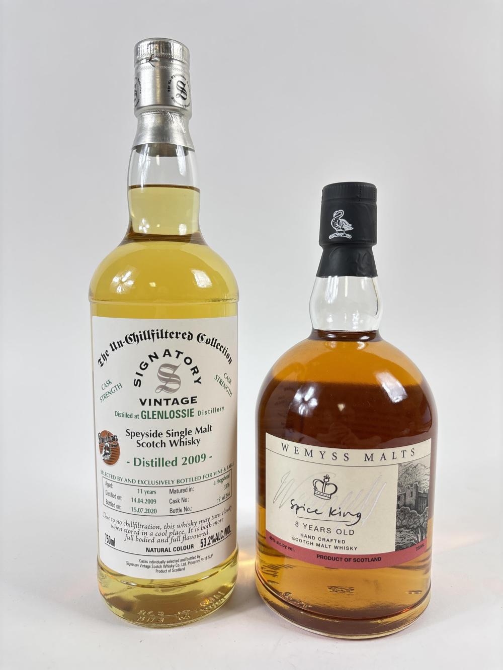 2 bottles of Scotch whisky, Glenlossie Speyside Single Malt Scotch Whisky, Wemyss Malts Spice King 8 Year Old Blended Malt Scotch Whisky, Wine, spirits, and alcohol of any variety cannot be shipped. Items listed as su... sold by Ripley Auctions, lot 144 — auction record photograph