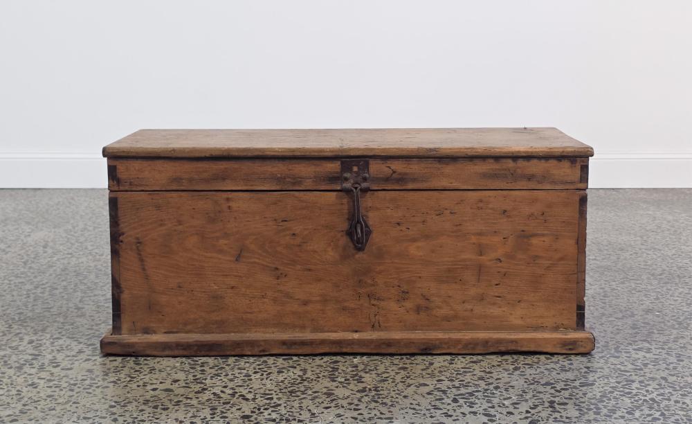 Vintage timber tools chest with contents including some early tools (37 x 88 x 37cm) sold by Lawsons, lot 1376 — auction record photograph