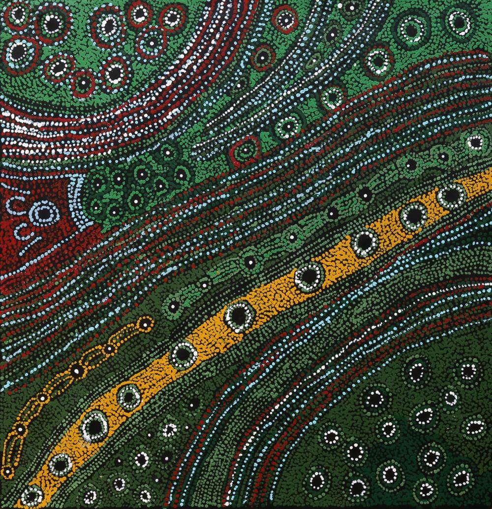 Elaine Woods comparable auction result: elaine woods minma kutjara tjukurrupa acrylic on linen 101cm x 98cm