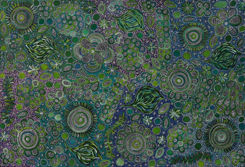 Tanya Price Nangala comparable auction result: tanya price nangala wild bush honey flower dreaming acrylic on linen 100cm x 148cm