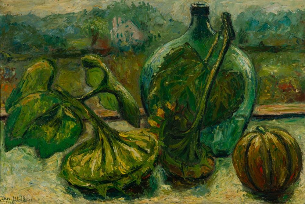 Jan Hendrik Wolkers comparable auction result: jan wolkers dutch 1925 2007 still life with a bottle sunflowers and a pumpkin 1949