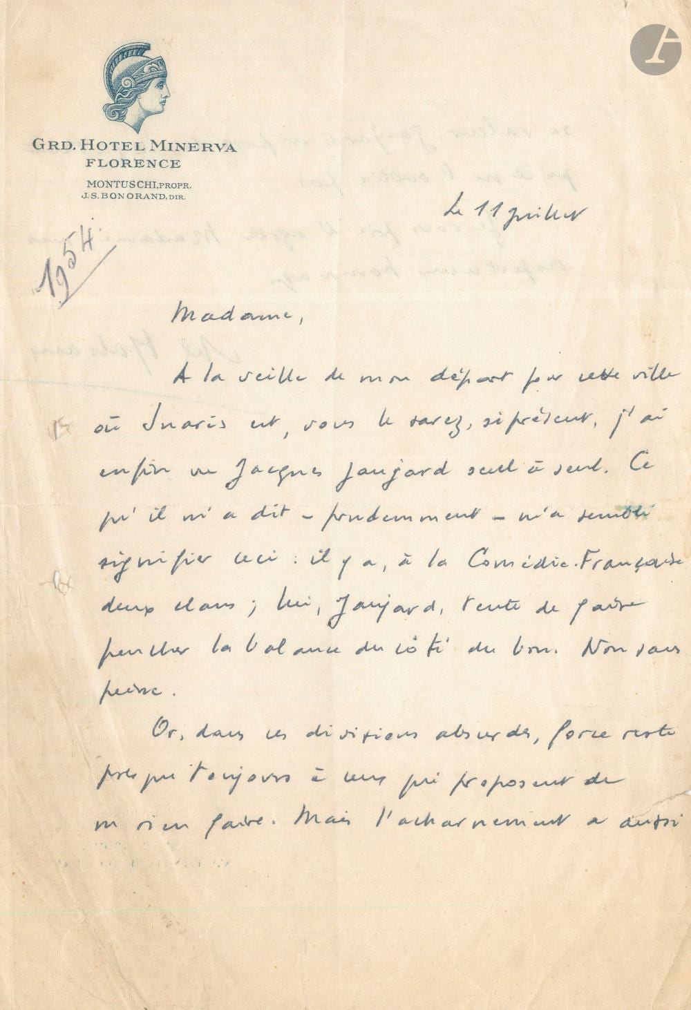 André Malraux comparable auction result: andr malraux 1901 1976 l a s florence 11 juillet 1954 une dame