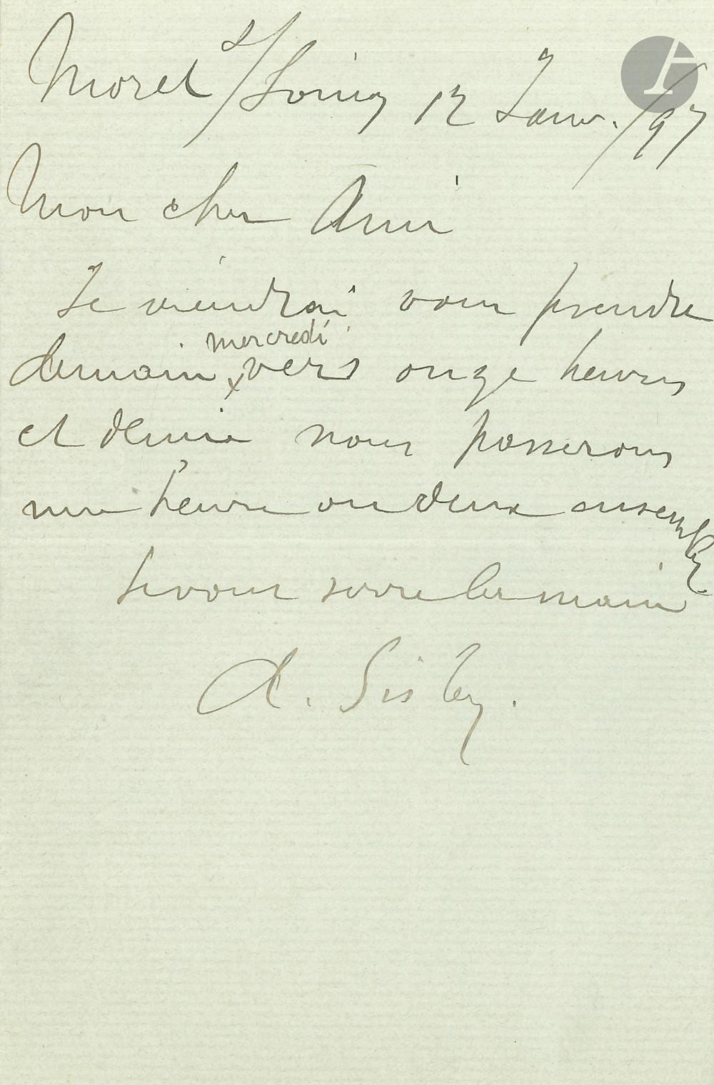 Alfred Sisley comparable auction result: alfred sisley 1839 1899 l a s moret s loing 12 janvier 1897 un cher ami