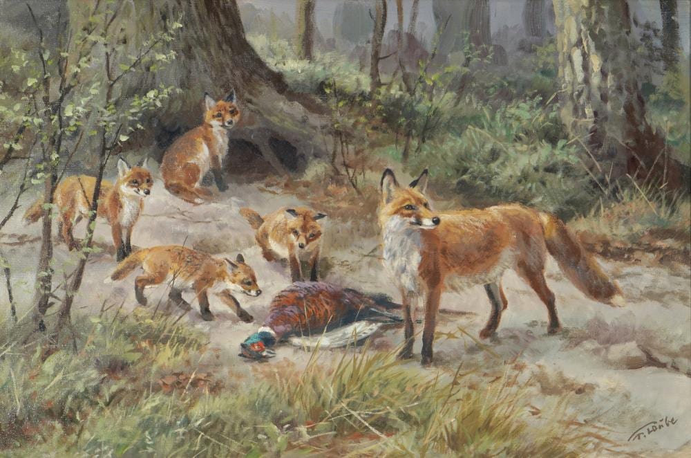 Fritz Laube comparable auction result: fritz laube 1914 1993 fox pack with killed pheasant in the forest