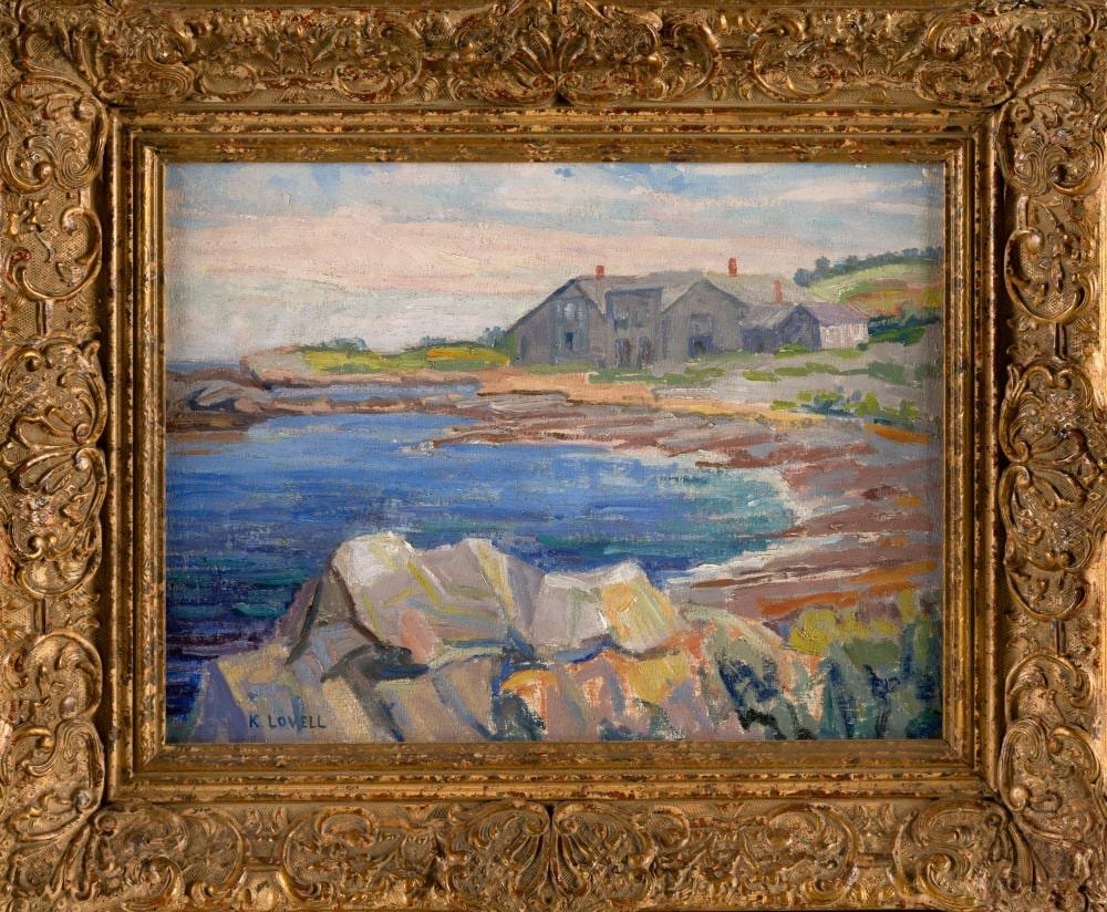Katherine Adams Lovell comparable auction result: katherine adams lovell new york 1877 1965 back of studios on beach rockport massachusetts oil on canvas board 12 x 16 framed 18 x 22
