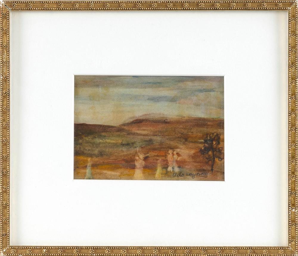 ada rayner hensche massachusetts 1901 1985 hilly outer cape landscape with figures watercolor on paper 4 25 x 6 5 sight framed 11 x 13 · Eldred's · 2026-03-18 Ada Rayner Hensche comparable auction result: ada rayner hensche massachusetts 1901 1985 hilly outer cape landscape with figures watercolor on paper 4 25 x 6 5 sight framed 11 x 13