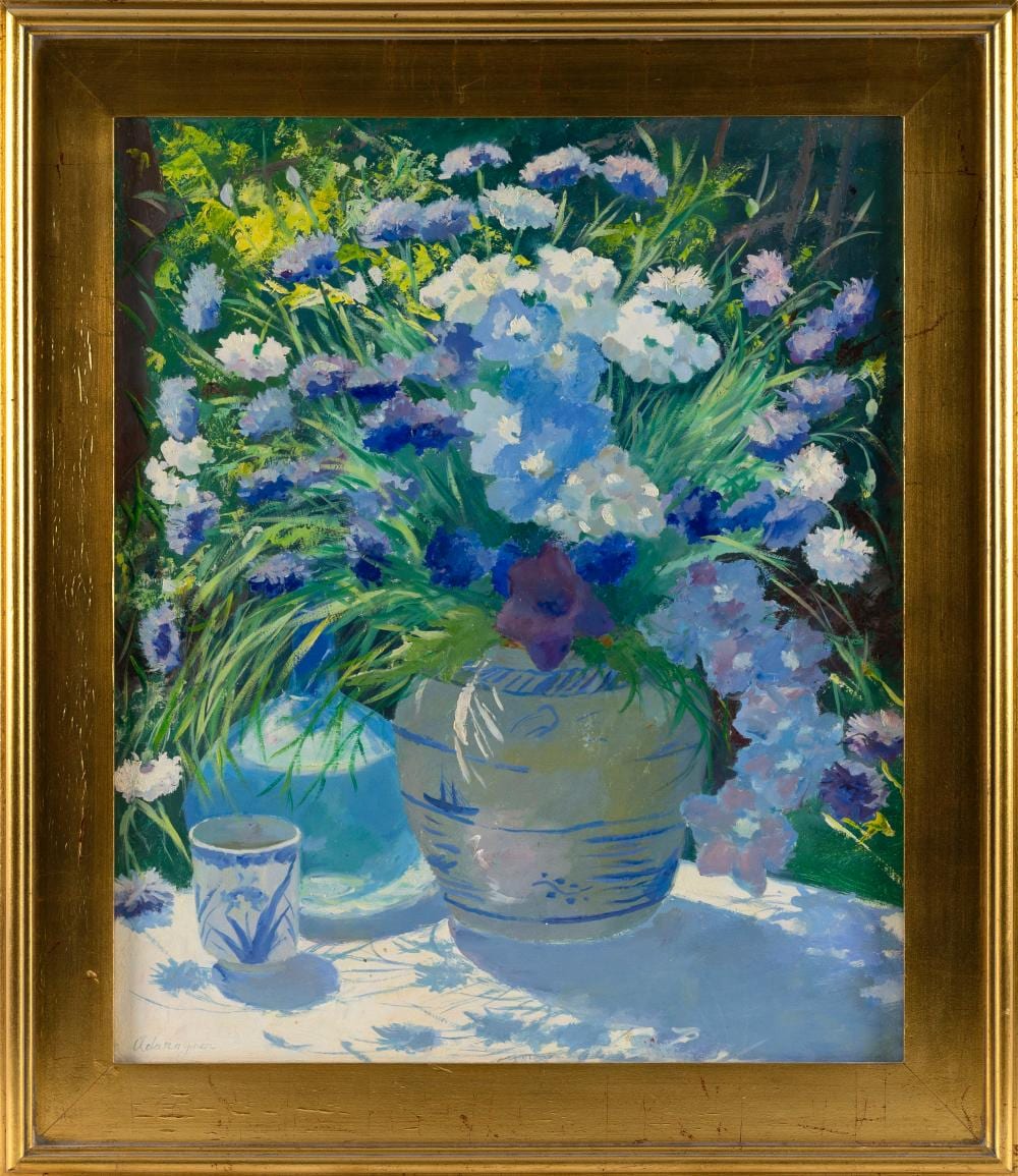 ada rayner hensche massachusetts 1901 1985 the blue painting a summer still life with a ginger jar oil on masonite 24 x 20 framed 29 x 25 · Eldred's · 2026-03-18 Ada Rayner Hensche comparable auction result: ada rayner hensche massachusetts 1901 1985 the blue painting a summer still life with a ginger jar oil on masonite 24 x 20 framed 29 x 25