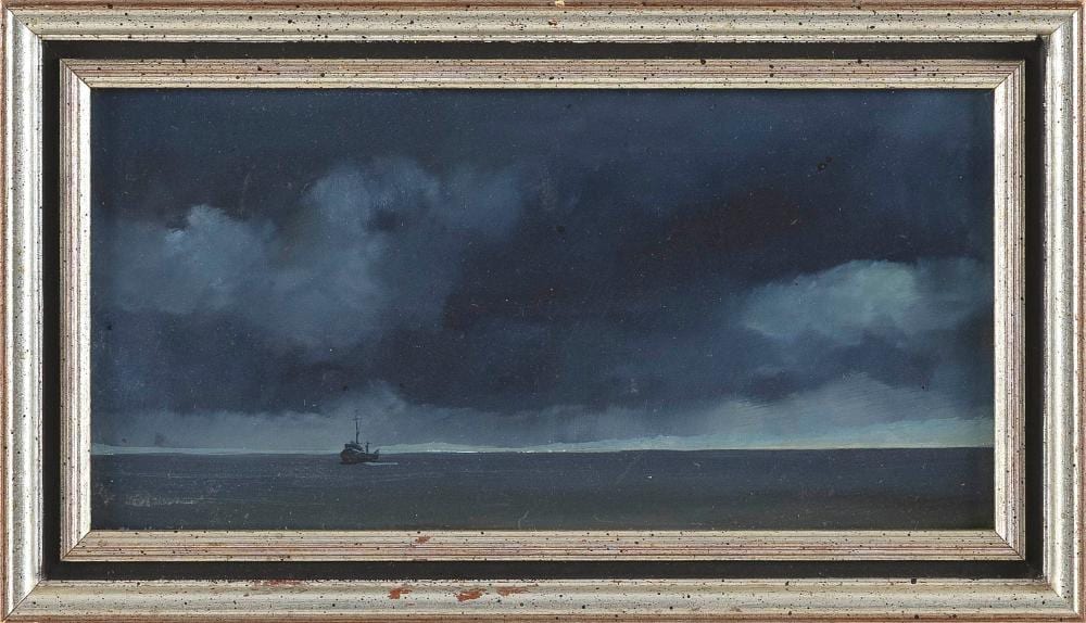 Anne Packard comparable auction result: anne packard massachusetts new jersey 1933 fishing boat at nightfall oil on board 5 x 10 framed 7 x 12