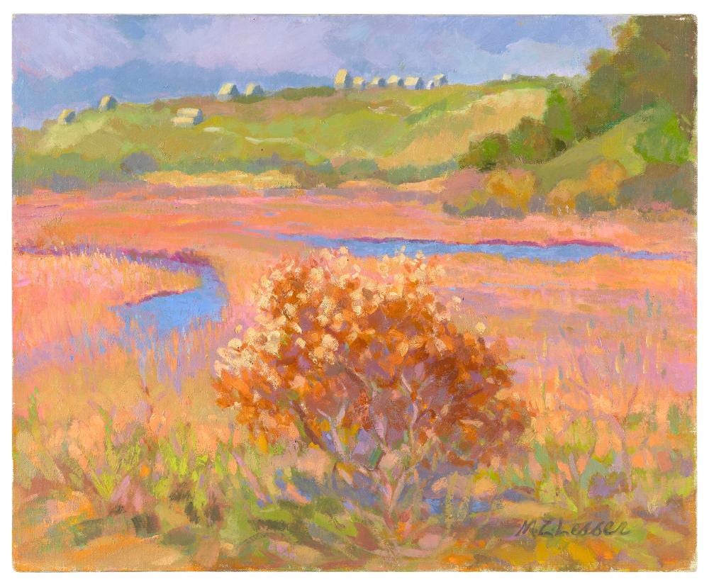 M. Zena Lesser comparable auction result: m zena lesser massachusetts 1926 2022 cottages on a hill overlooking a cape cod marsh oil on canvas 16 x 20 unframed