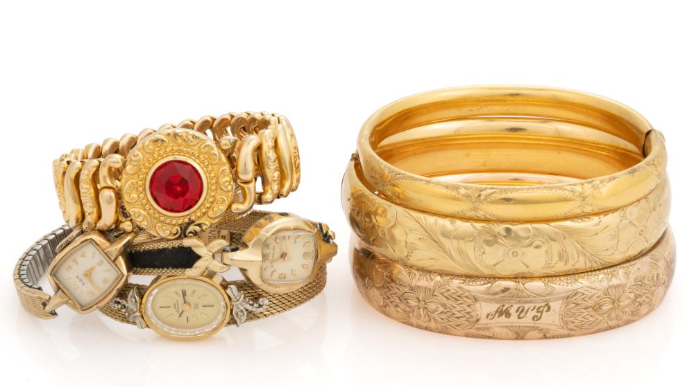 ANTIQUE / VINTAGE GOLD-FILLED / -PLATED BRACELETS AND LADY'S WRIST WATCHES, LOT OF SEVEN sold by Jeffrey S. Evans & Associates, lot 325 — auction record photograph