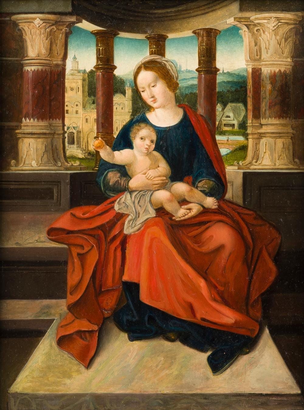Adriaen Isenbrant comparable auction result: adriaen isenbrant nachfolger madonna mit kind mit blick auf eine weite landschaft mit klosterkir