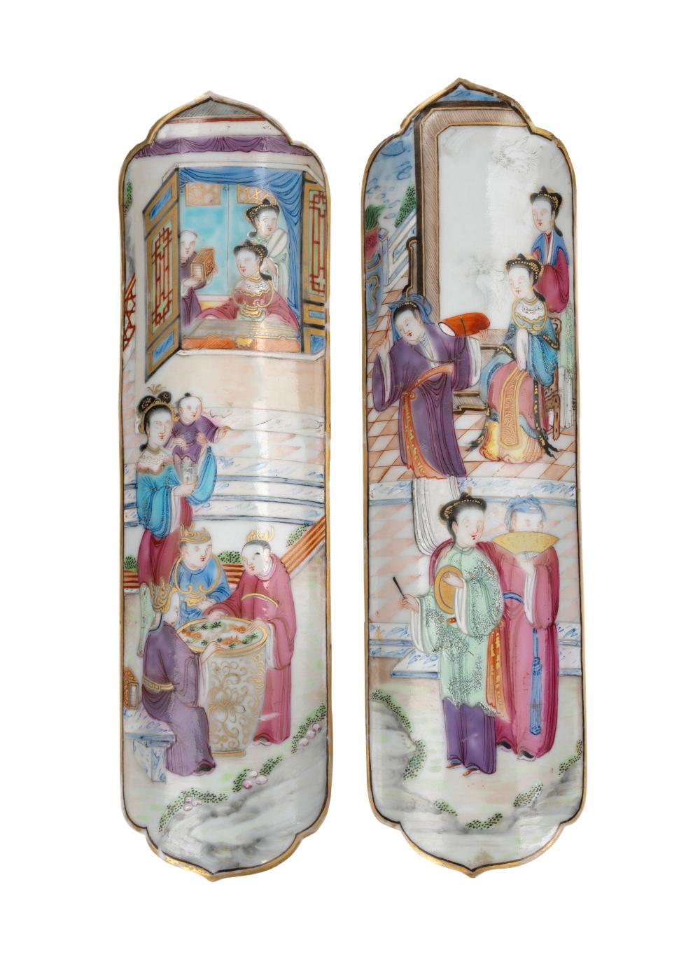 A pair of antique Chinese famille rose porcelain scroll rests, 18th/19th century, 20cm high. sold by Leski Auctions Pty Ltd, lot 641 — auction record photograph