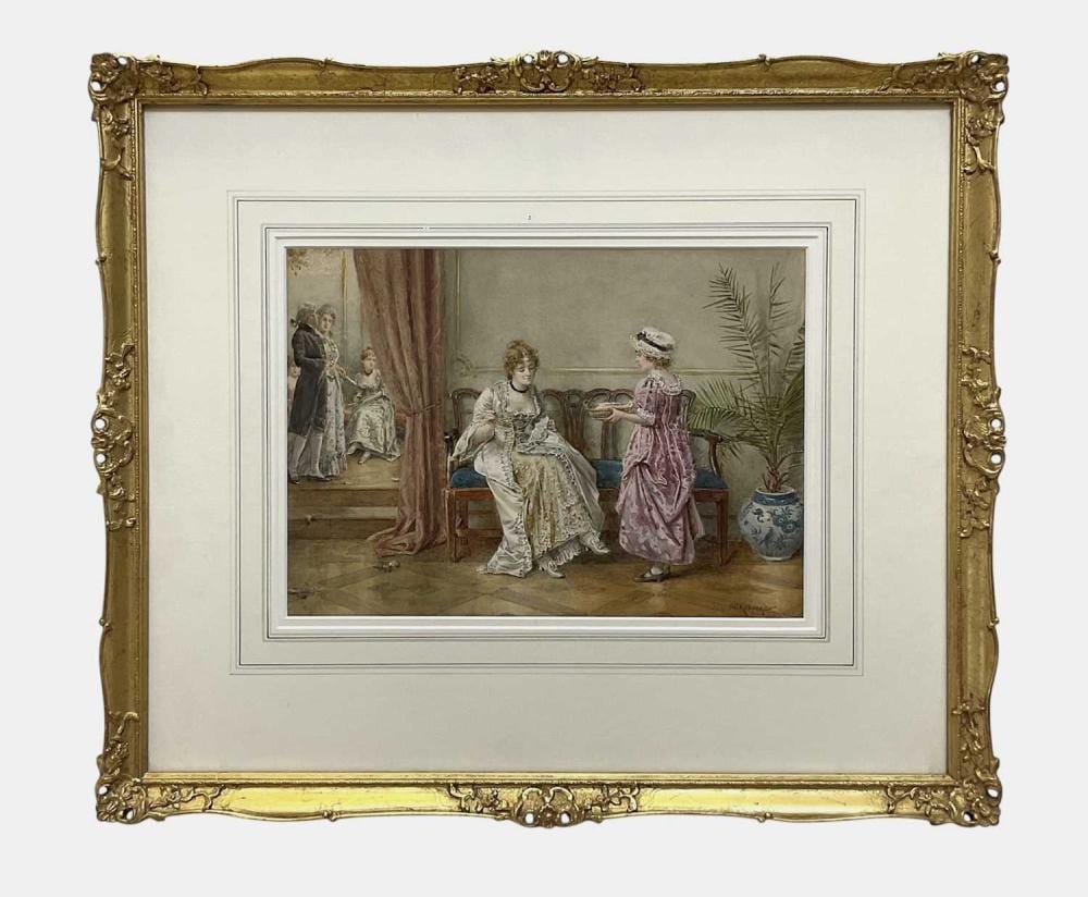 George Goodwin Kilburne comparable auction result: george goodwin kilburne british 1839 1924 watercolour repairing damages signed lower right 25 5 x 35 5cm lapda label verso framed and glazed