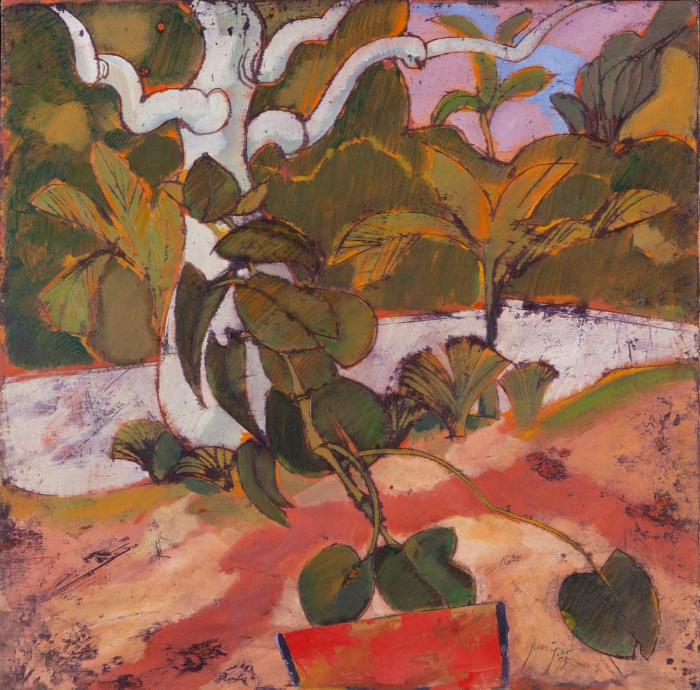 Robert Juniper comparable auction result: robert juniper garden with boab tree oil on canvas