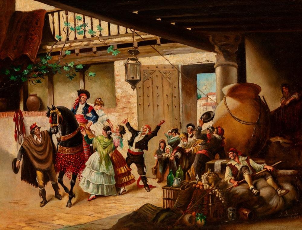 Joaquín Domínguez Bécquer comparable auction result: joaqu n dom nguez b cquer seville 1817 1879 courtyard with characters 1839 oil on canvas signed and dated in the lower right area