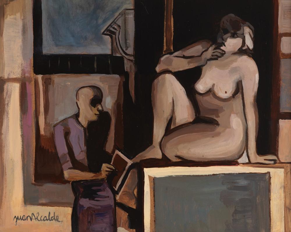 Juan Alcalde Alonso comparable auction result: juan alcalde madrid 1918 2021 the painter and the model oil on tablex signed in the lower left corner