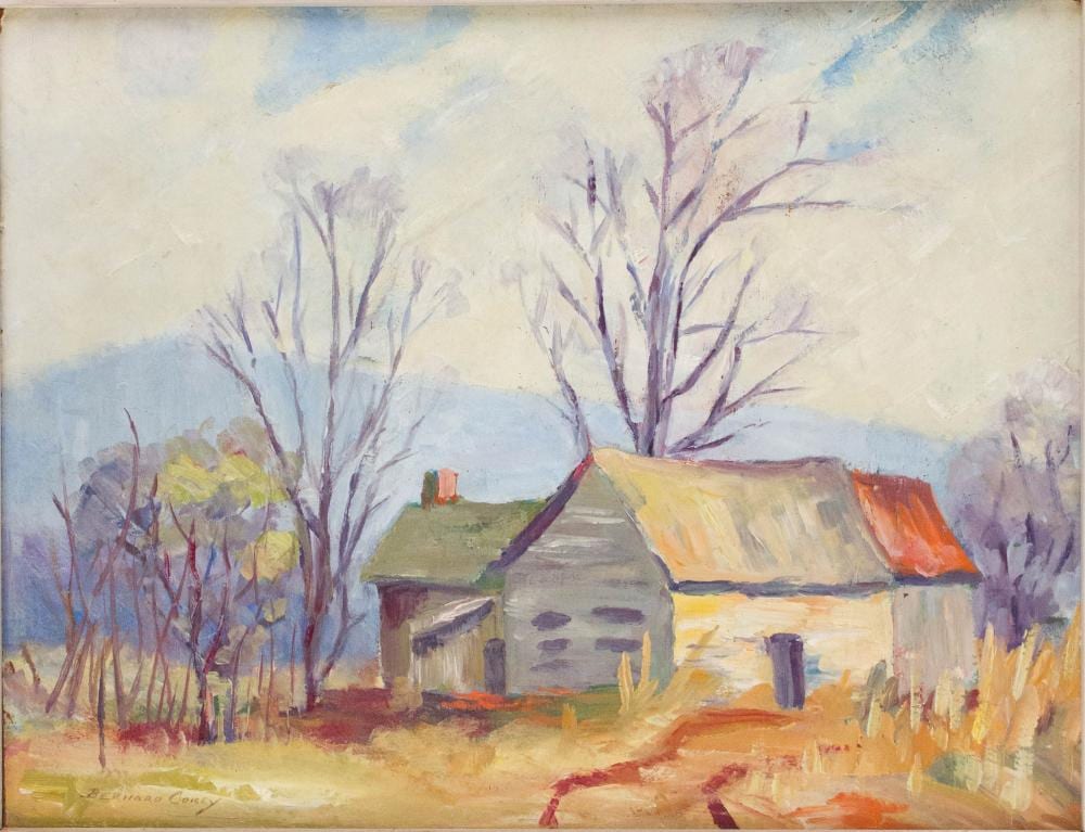 bernard corey american 1914 2000 rustic cottage in rural landscape oil on board · Nye & Company · 2026-03-13 Bernard Corey comparable auction result: bernard corey american 1914 2000 rustic cottage in rural landscape oil on board
