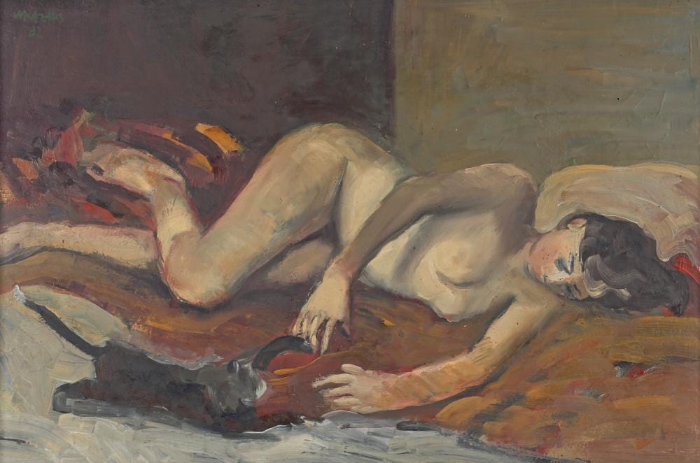 Harald Metzkes comparable auction result: harald metzkes liegender akt mit katze 1982