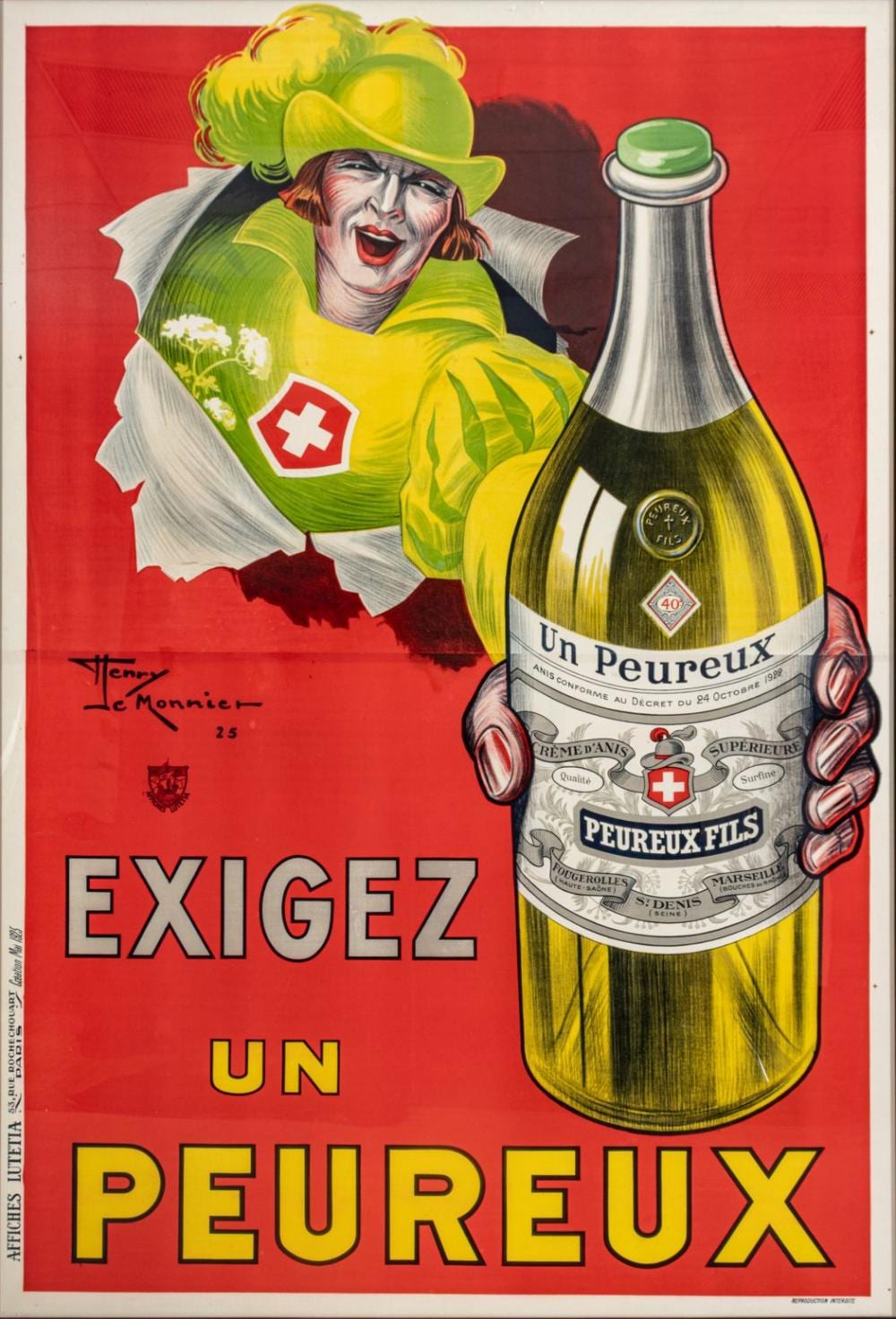 henry le monnier french 1893 1978 lithographic poster in colors comprised of two sheets 1925 exigez un peureux h 89 w 59 frame size h 95 w 65 · DuMouchelles · 2026-03-20 Henry Le Monnier comparable auction result: henry le monnier french 1893 1978 lithographic poster in colors comprised of two sheets 1925 exigez un peureux h 89 w 59 frame size h 95 w 65