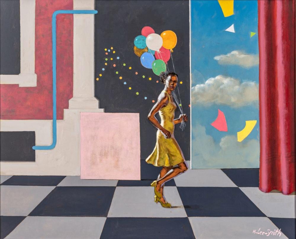 Hughie Lee-Smith comparable auction result: hughie lee smith american 1915 1999 oil on linen 1996 the yellow dress h 40 w 50 frame size h 47 w 57 depth 2