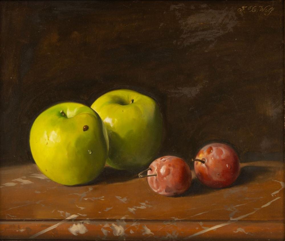 Franz Xaver Wolf comparable auction result: franz xaver wolf austrian 1896 1990 oil on masonite still life with apples and mirabelle plums h 11 75 w 13 5 frame size h 21 5 w 23 5