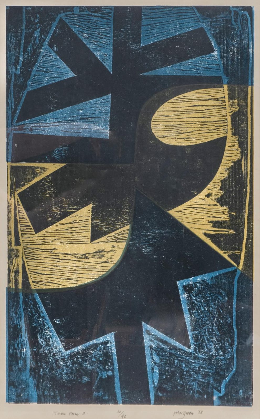 Peter Green comparable auction result: peter green american 20th century totem form 3 woodcut signed and dated 68 l r titled l l and numbered 32 40 l c frame 39 1 2 x 27 3 4 in 100 3 x 70 5 cm