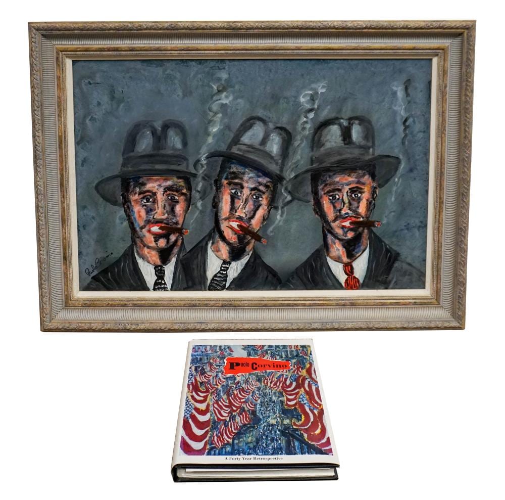 Paolo Corvino comparable auction result: paolo corvino american b 1930 three gentlemen smoking cigars oil on canvas signed l l with a signed 40 year retrospective book frame 25 3 4 x 35 3 4 in 65 4 x 90 8 cm