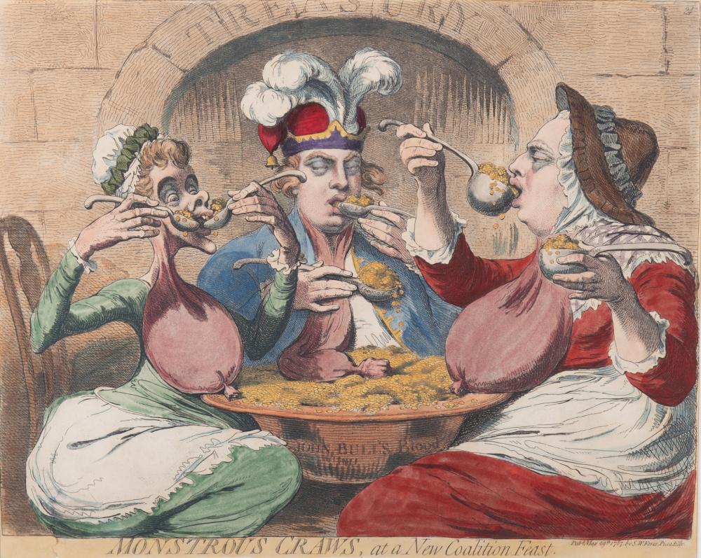 James Gillray comparable auction result: james gillray british 1756 1815 monstrous craws at a new coalition feast hand colored etching