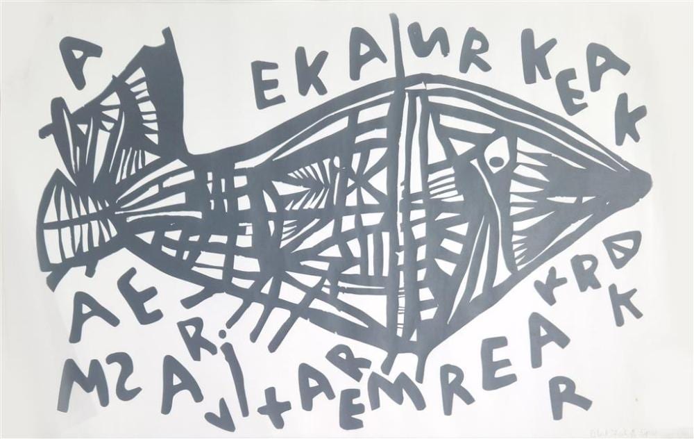 Mathias Kauage comparable auction result: mathias kauage papuan 1944 2003 black fish 1968 screenprint on paper ed 8 50 sheet 53 x 83 cm reference decolonising th