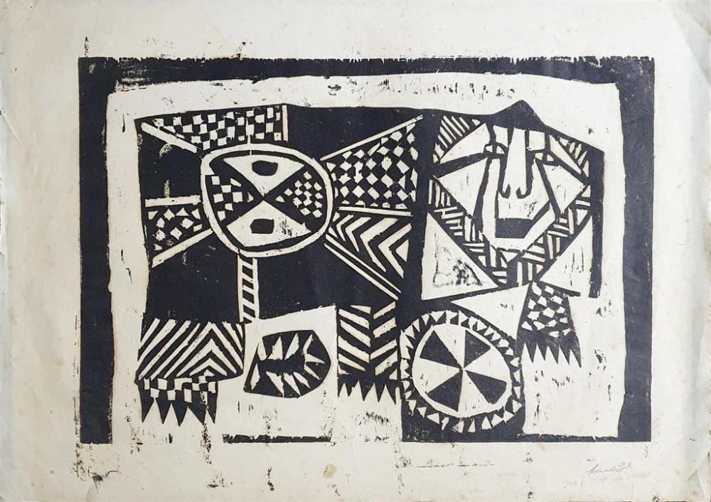 Mathias Kauage comparable auction result: mathias kauage papuan 1944 2003 dok e stap long haus the dog lives in the house woodblock print signed lower right 30 x 44